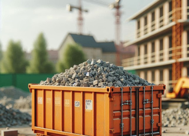 Pomarańczowy kontener z gruzem w Puszczykowie